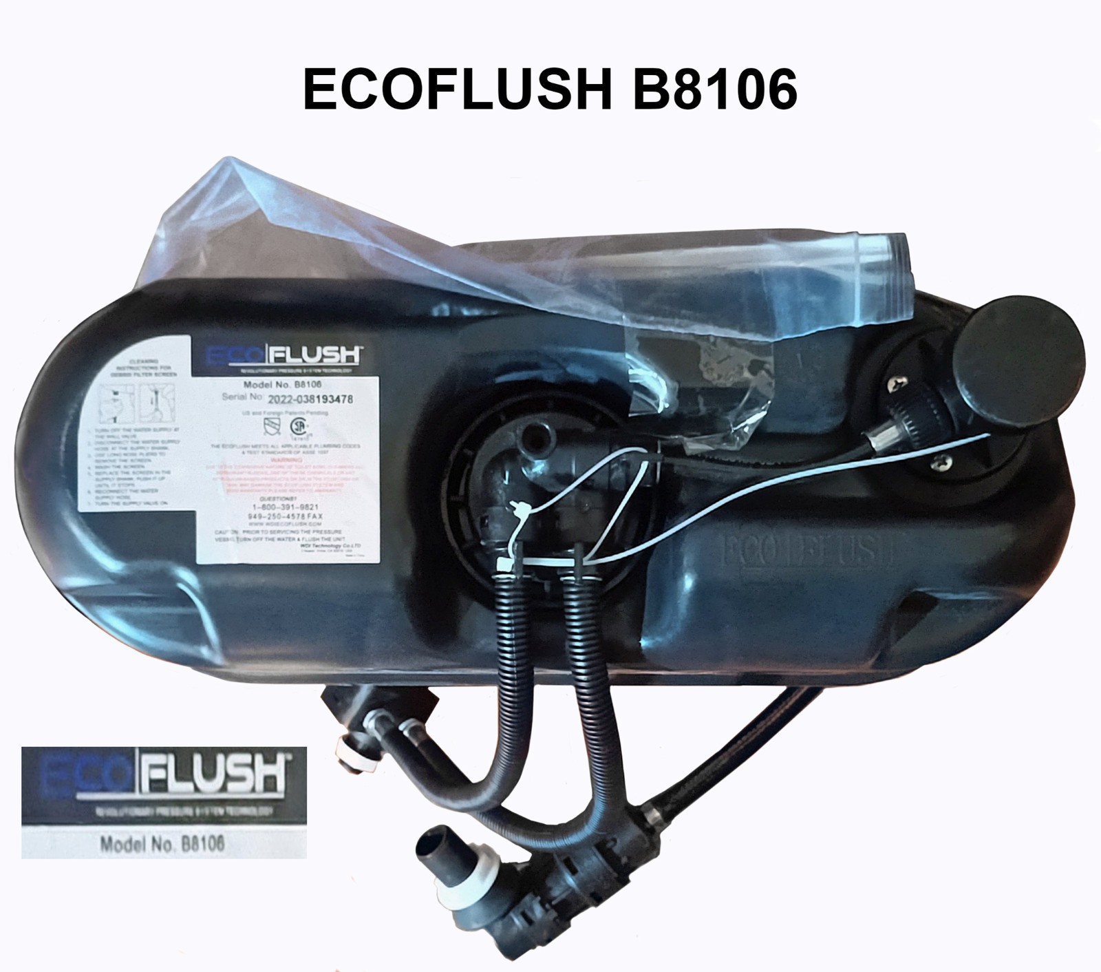 EcoFlush B8106 1.6 GPF 6 LPF Pressure Assisted Flush System Single Control - NEW