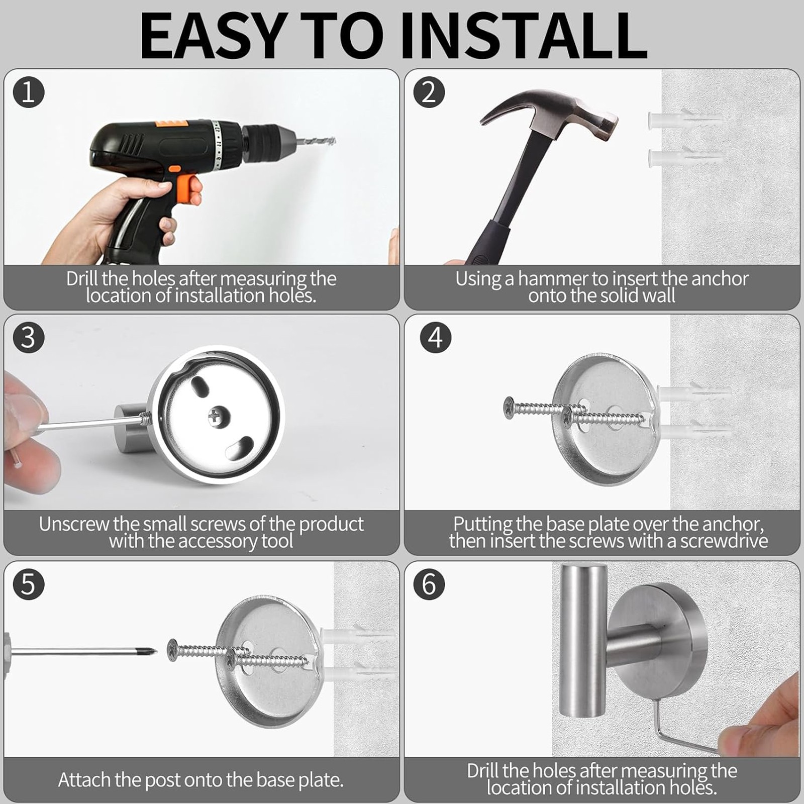 6 Pcs Black Bathroom Hardware Set Stainless Steel Towel Bar Towel Racks Hooks