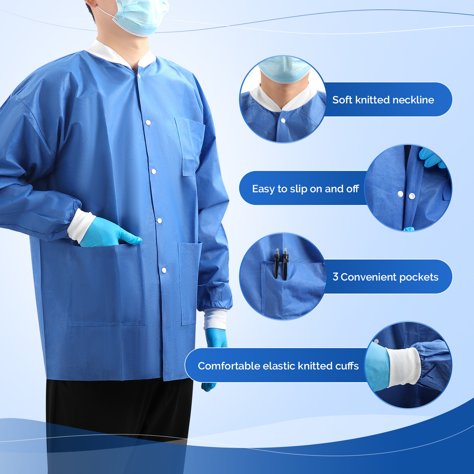 PLUS SMS Medical Dental Disposable Lab Coat Gown w/3 Pockets Knit Cuffs 50PCS