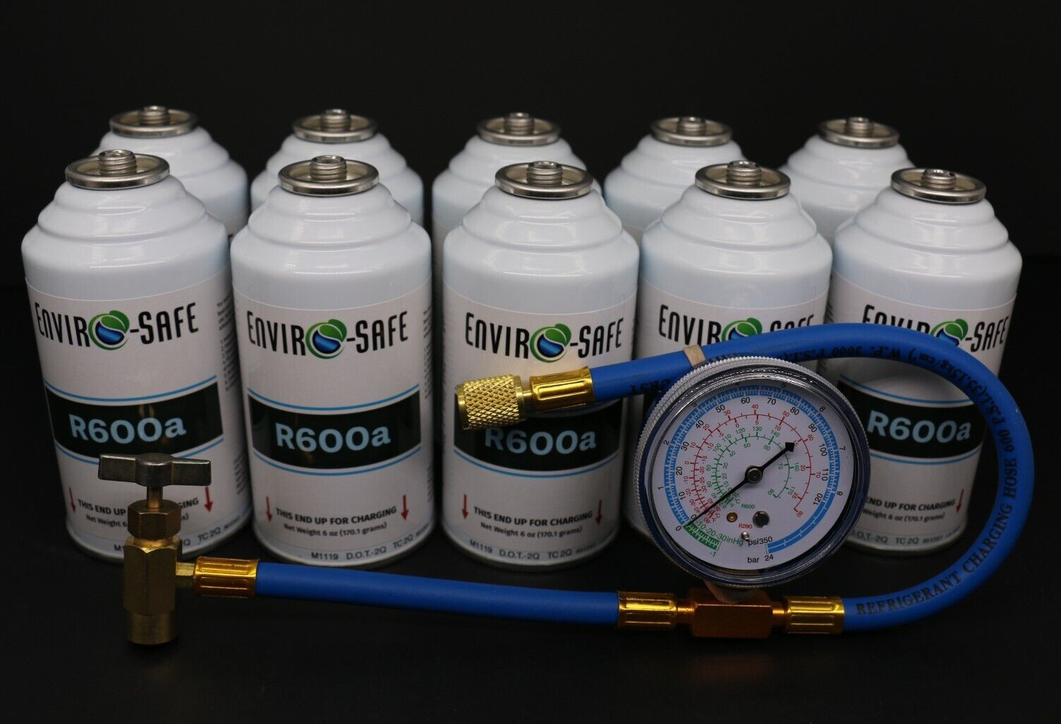 Enviro-Safe R-600a Refrigerant Inverted Piercing 6 oz 10 Cans and Brass Gauge
