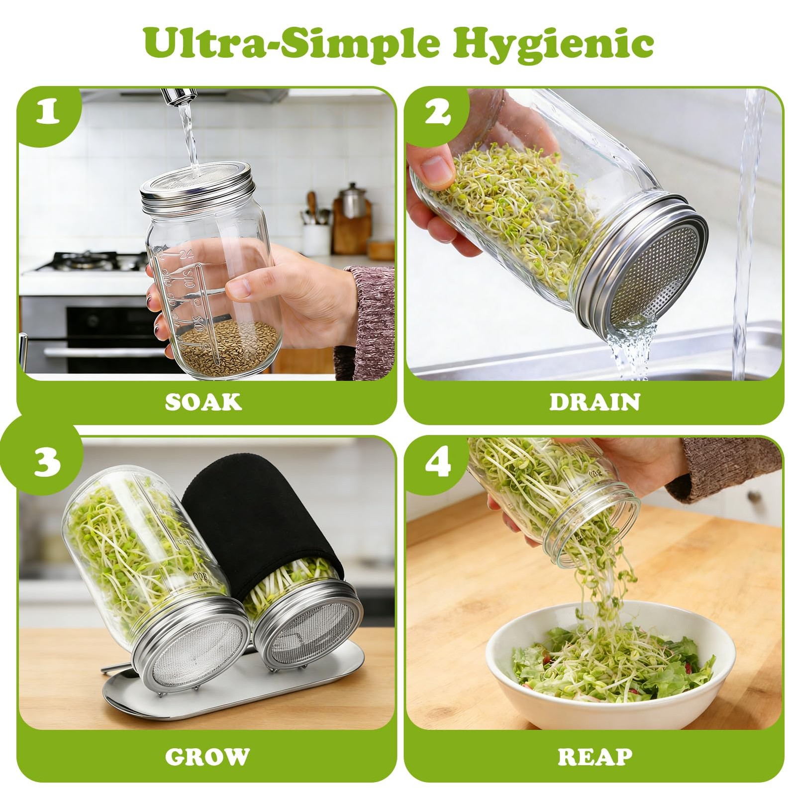 Sprouting Lids for Wide Mouth Mason Jars, 2Pack Reusable Stainless Steel Screen