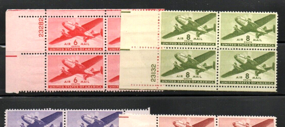 #C 25-C 31 MNH, P/B's OF 4, COMPLETE SET-TWIN MOTORED TRANSPORT PLANE (1941-44)
