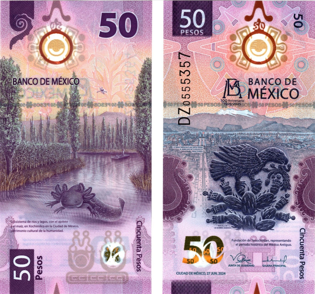 2025 Mexico 50 Pesos  UNC Polymer Banknote 100th Anniv Swimming AXOLOTL