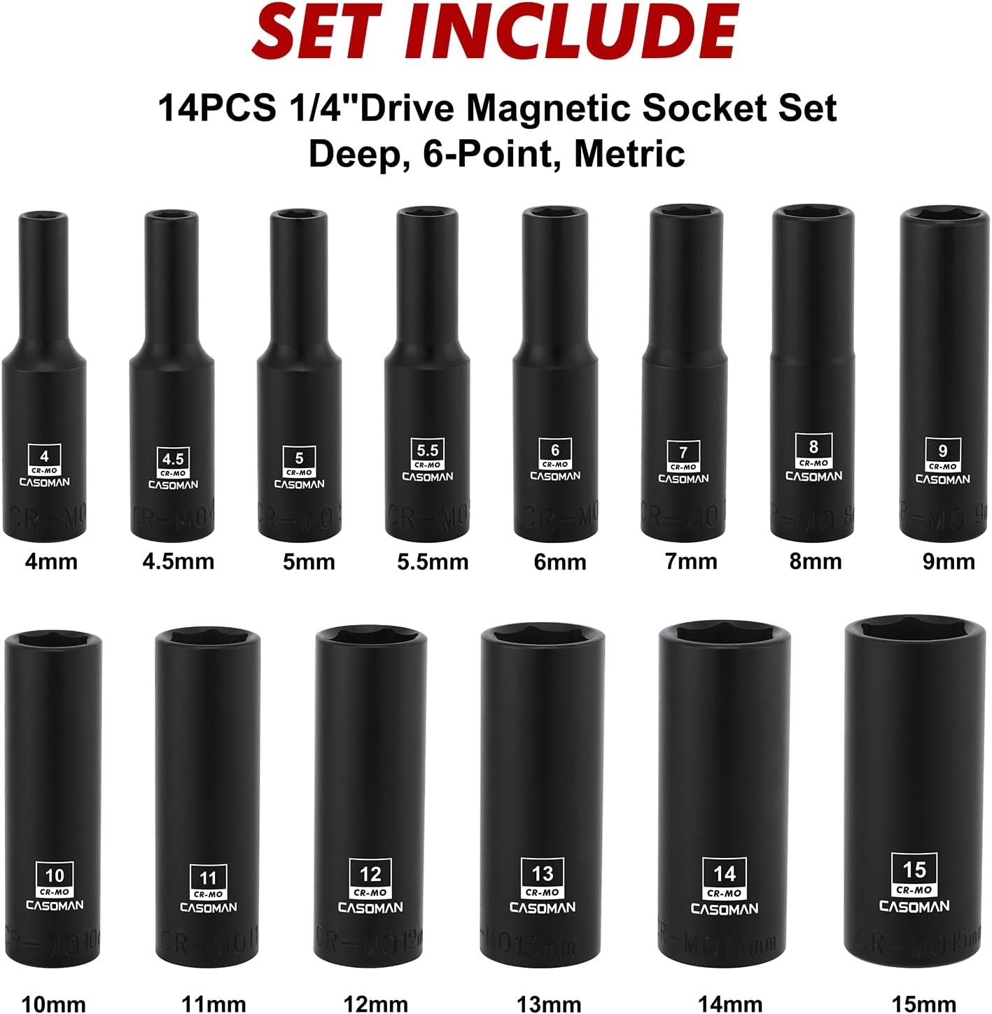 14PCS 1/4"Drive Magnetic Impact Socket Set, Deep, 6-Point, Metric