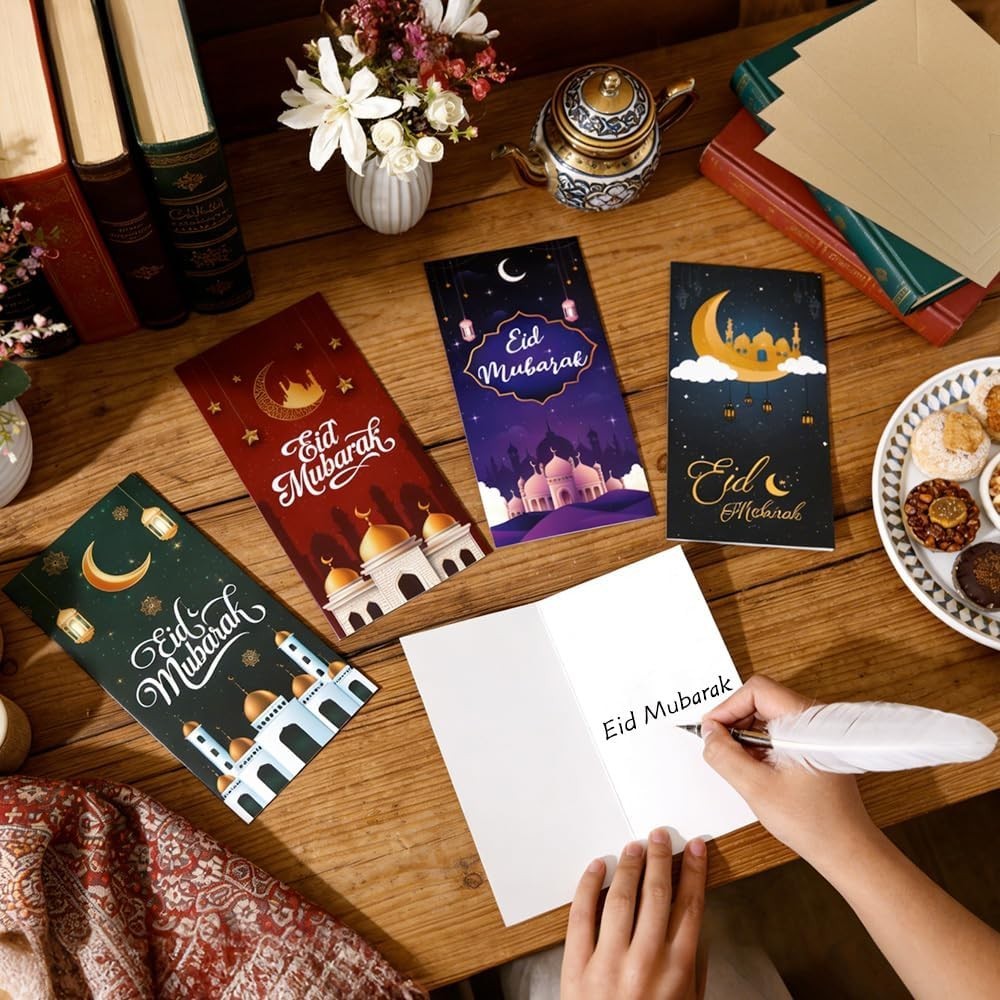 16 Pcs Eid Mubarak Cards with Envelopes, Ramadan Greeting Cards Bulk, 4 Designs