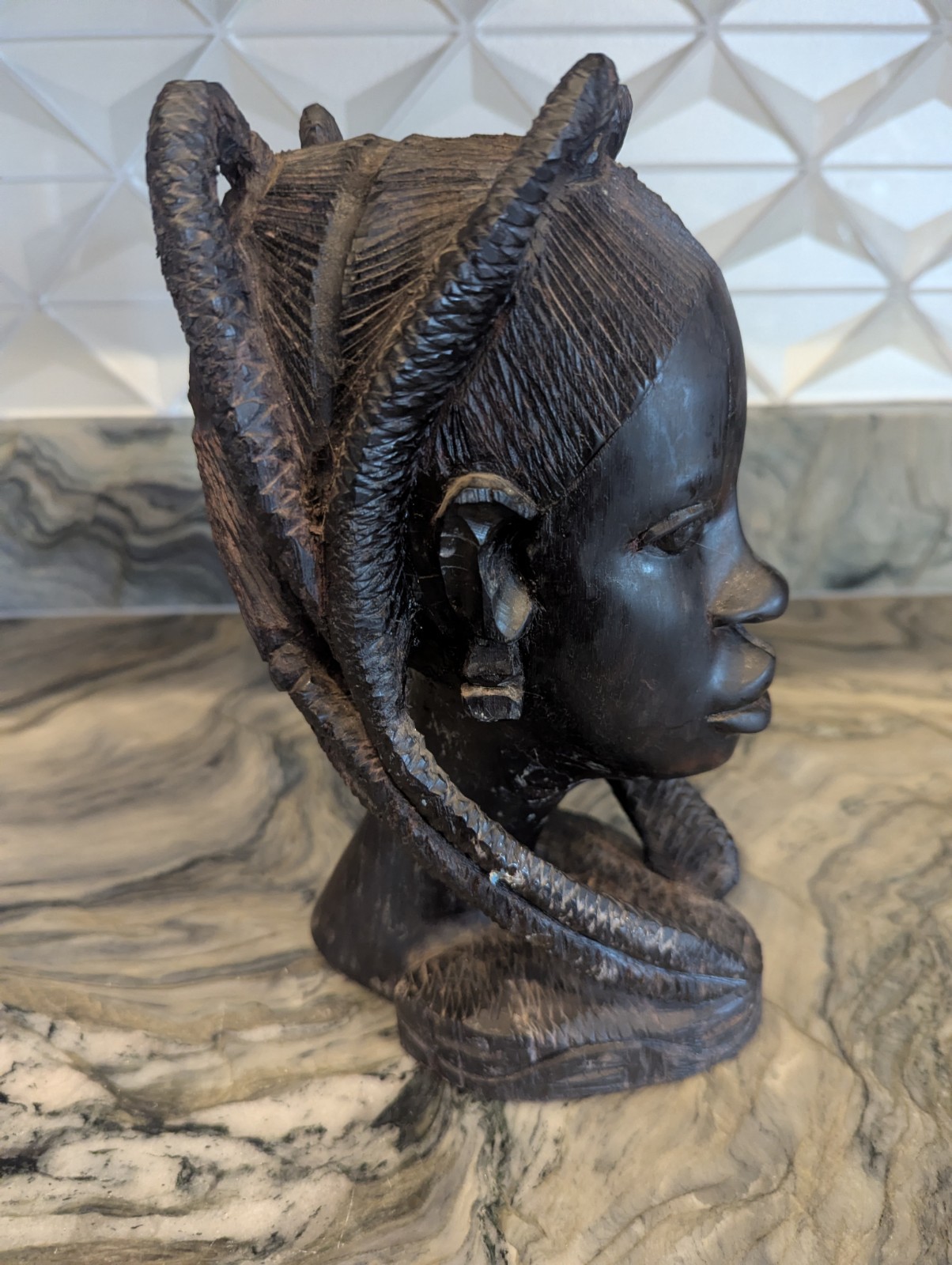 African Tribal Woman Bust Hand Carved Wood Sculpture Ethnographic Head Statue...