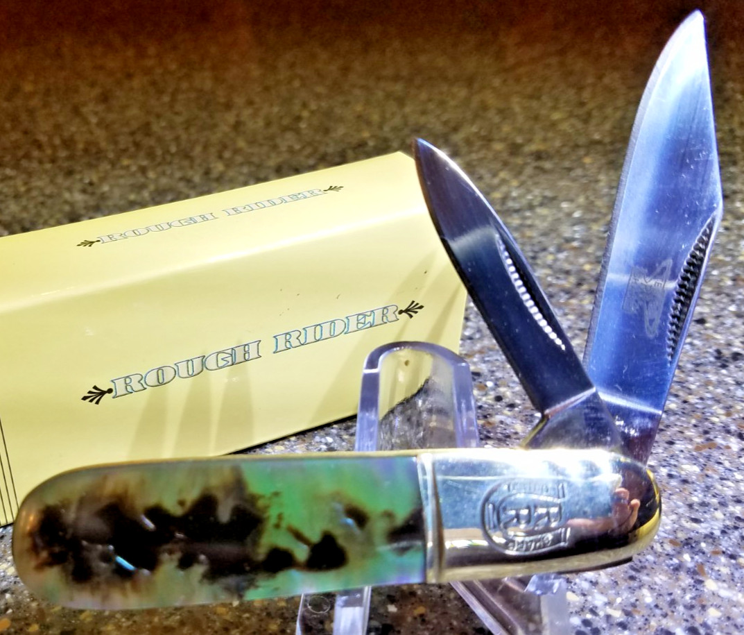 Rough Rider RR346, Barlow Imitation Abalone, 3-3/8", 2-Blades, Engraved Bolster