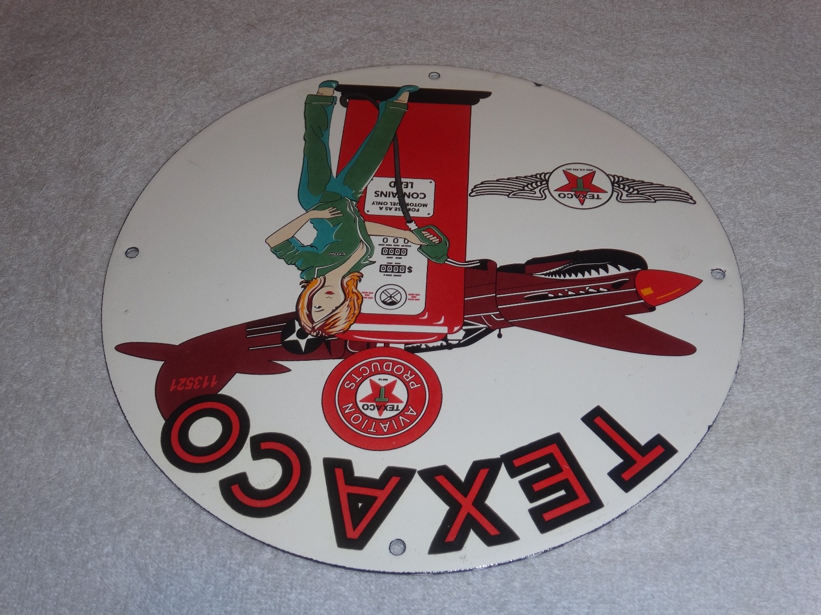 VINTAGE TEXACO AVIATION FEMALE MODEL WW2 AIRPLANE 11 3/4" PORCELAIN GAS OIL SIGN