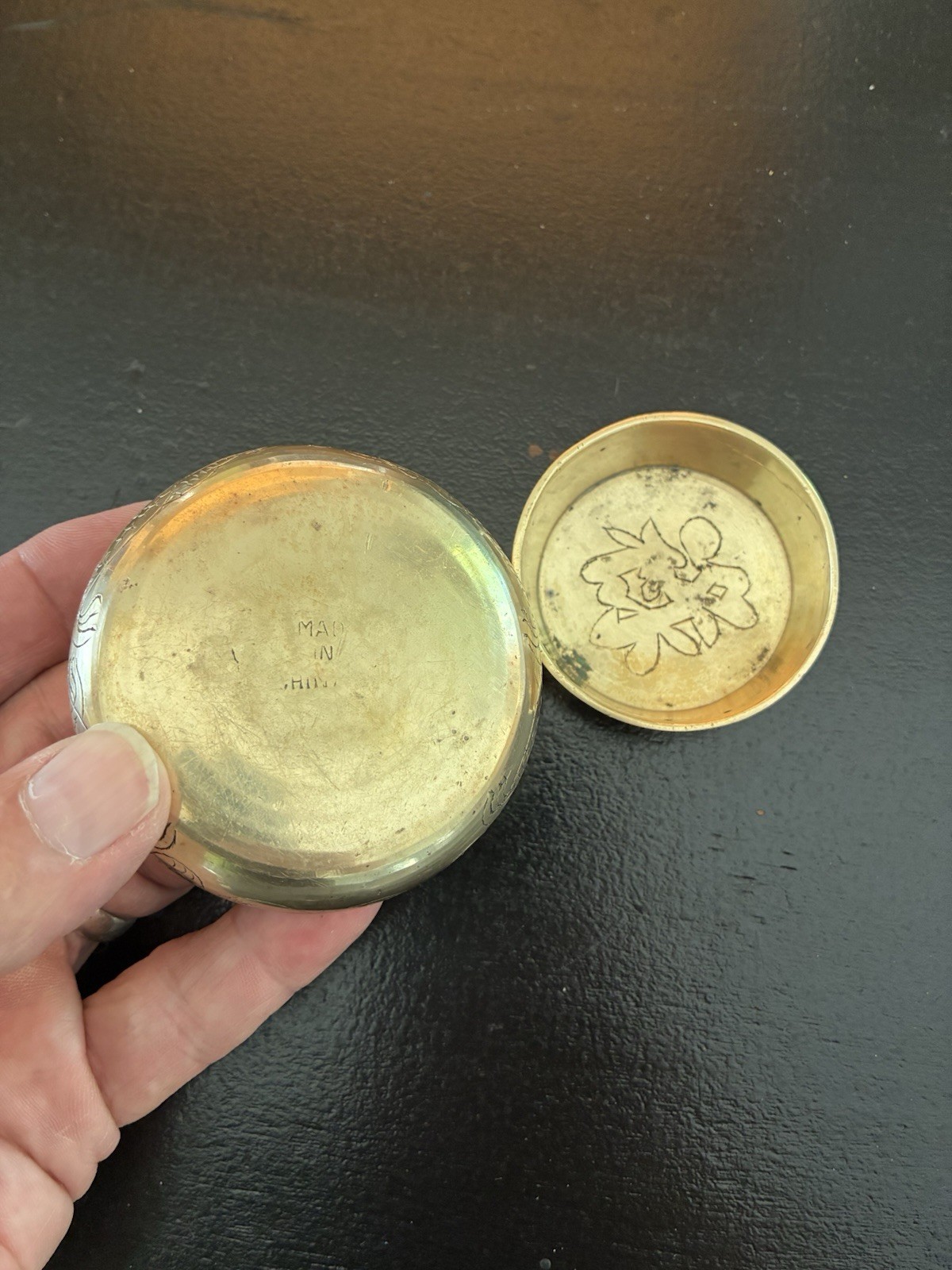 3 Vintage Chinese Bronze Mini Nesting Dishes / Detailed Dragon Etched Motif