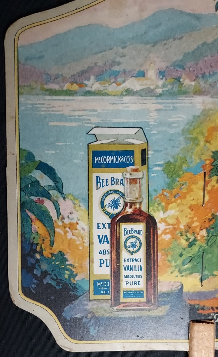 Old Advertising Premium Fan McCormick BEE BRAND Vanilla Baltimore Fondat Walnut