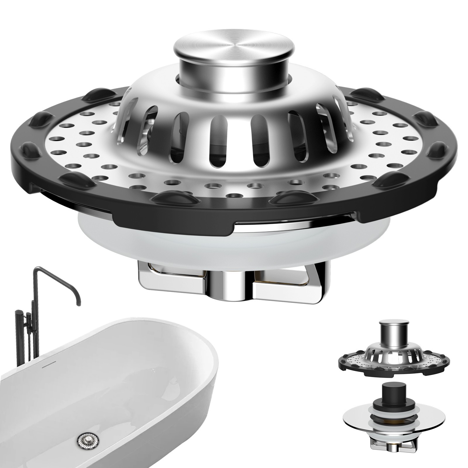 Universal Bathtub Drain Stopper - Pop-Up Hair Catcher for Tub 1.5 to 2.4" Hole