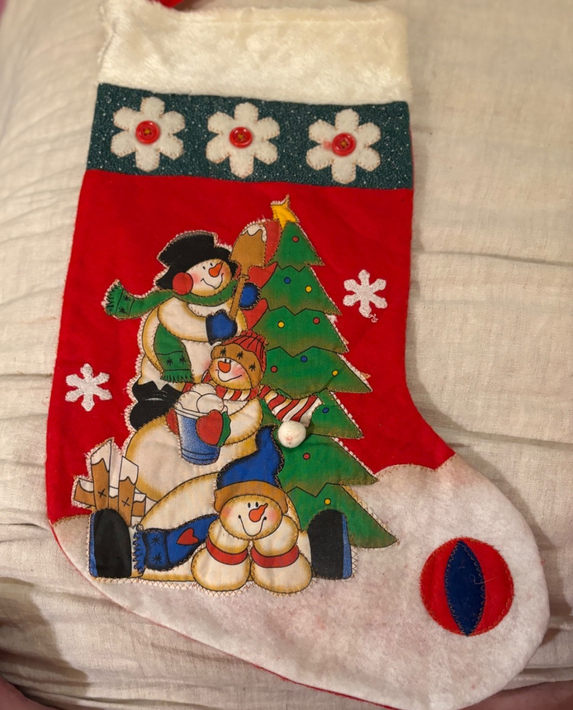 6 Vintage Handmade Felt Christmas Stocking Large 21.5x12.5 snowman