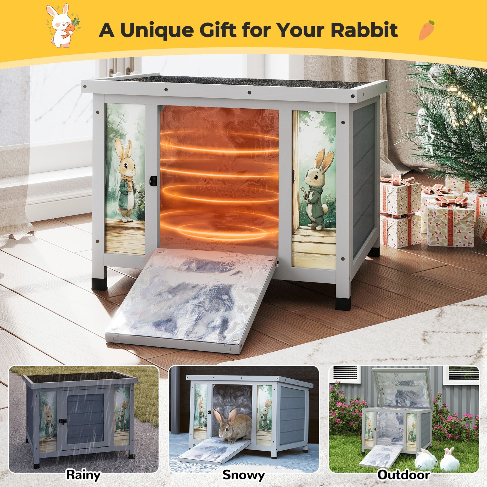 Heated Cat House Outdoor Indoor - 24in Insulated Rabbit Cage w/ Warm Liner