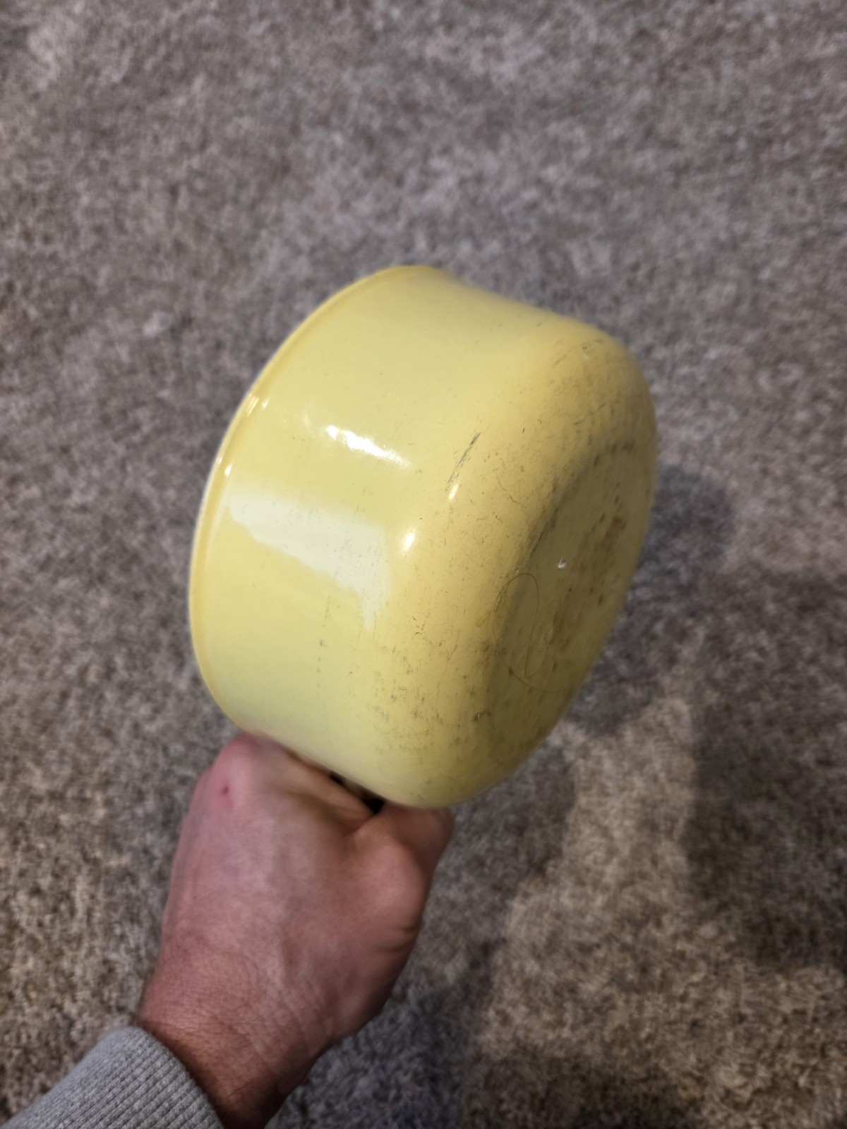 Vintage Enamelware Over Cast Iron Yellow Saucepan With Spout & Wooden Handle MCM