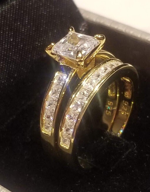 CLEARANCE Princess simulated Diamond Engagement Set Gold Plated Sterling Silver