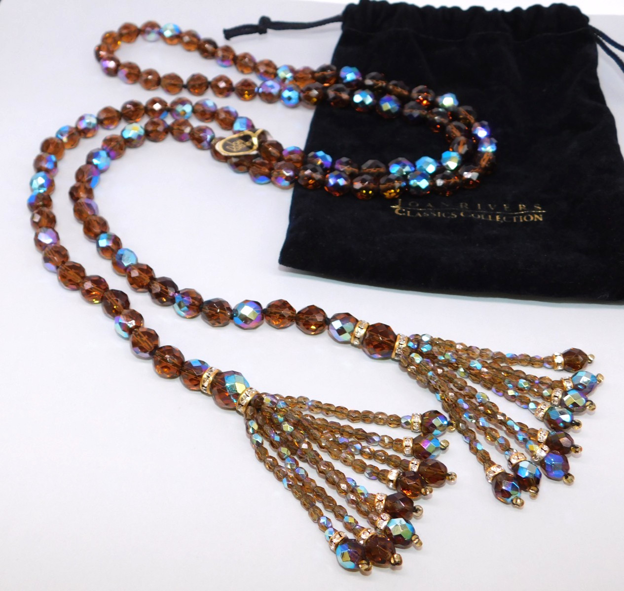 Vintage JOAN RIVERS Lariat Tassel Necklace Brown AB Faceted Beads Flapper NWT