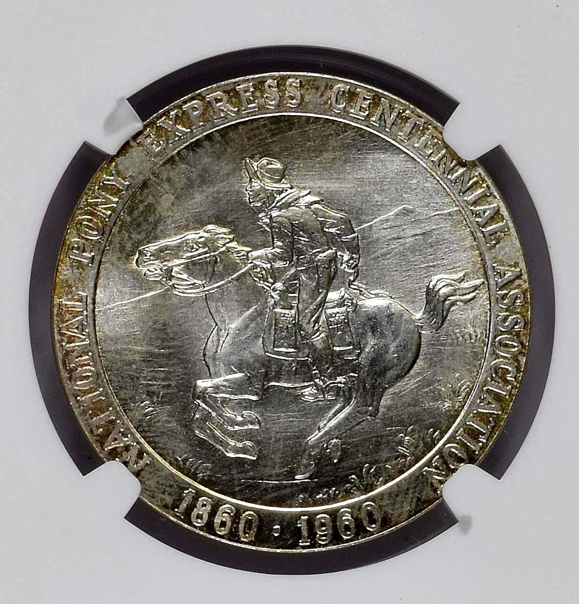 1960 HK-582 : NGC MS 66 : Gem SILVER Pony Express Centennial Off. Medal ASW 0.83