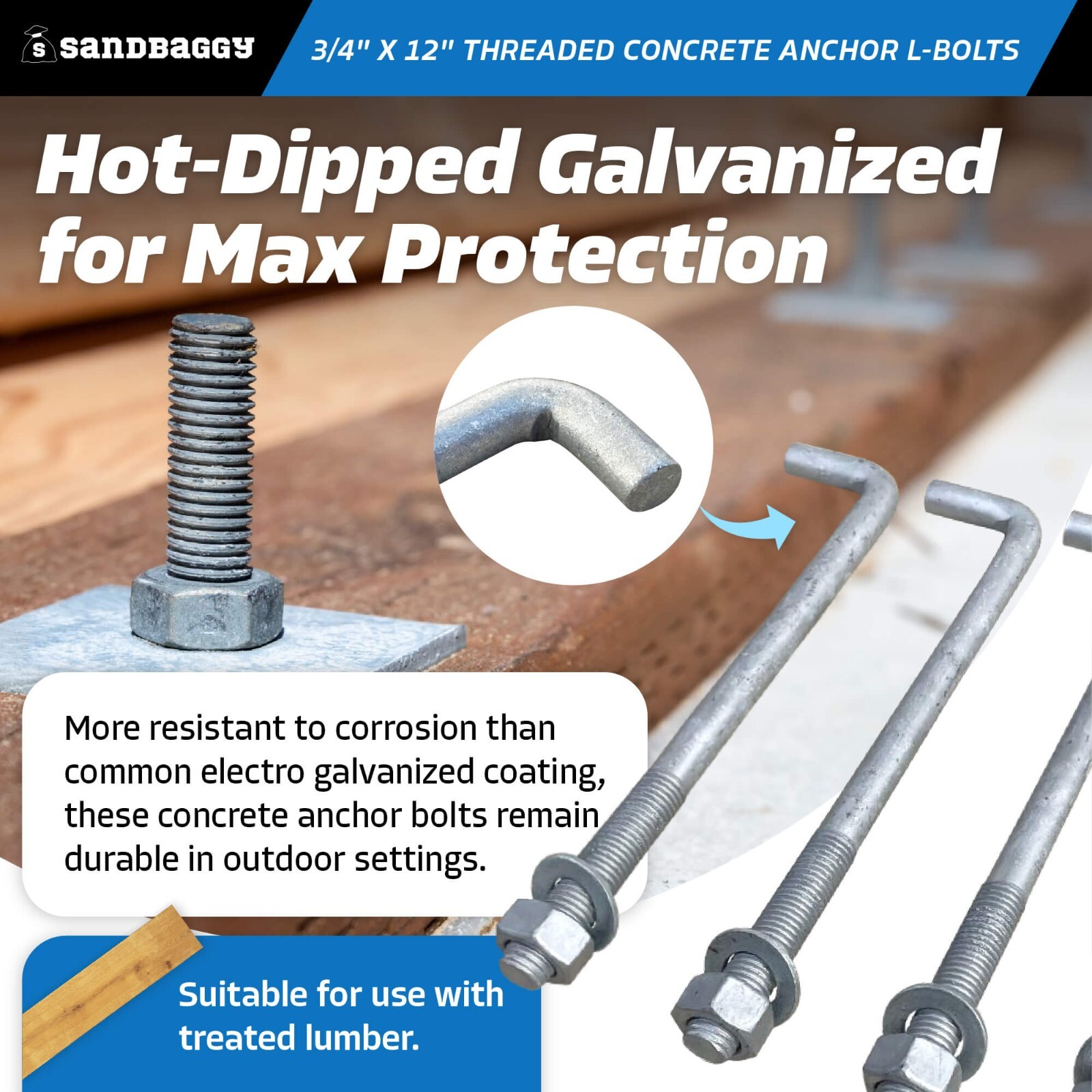 Sandbaggy 3/4" x 12" Threaded Concrete Anchor L-Bolts - Hot Dipped Galvanized