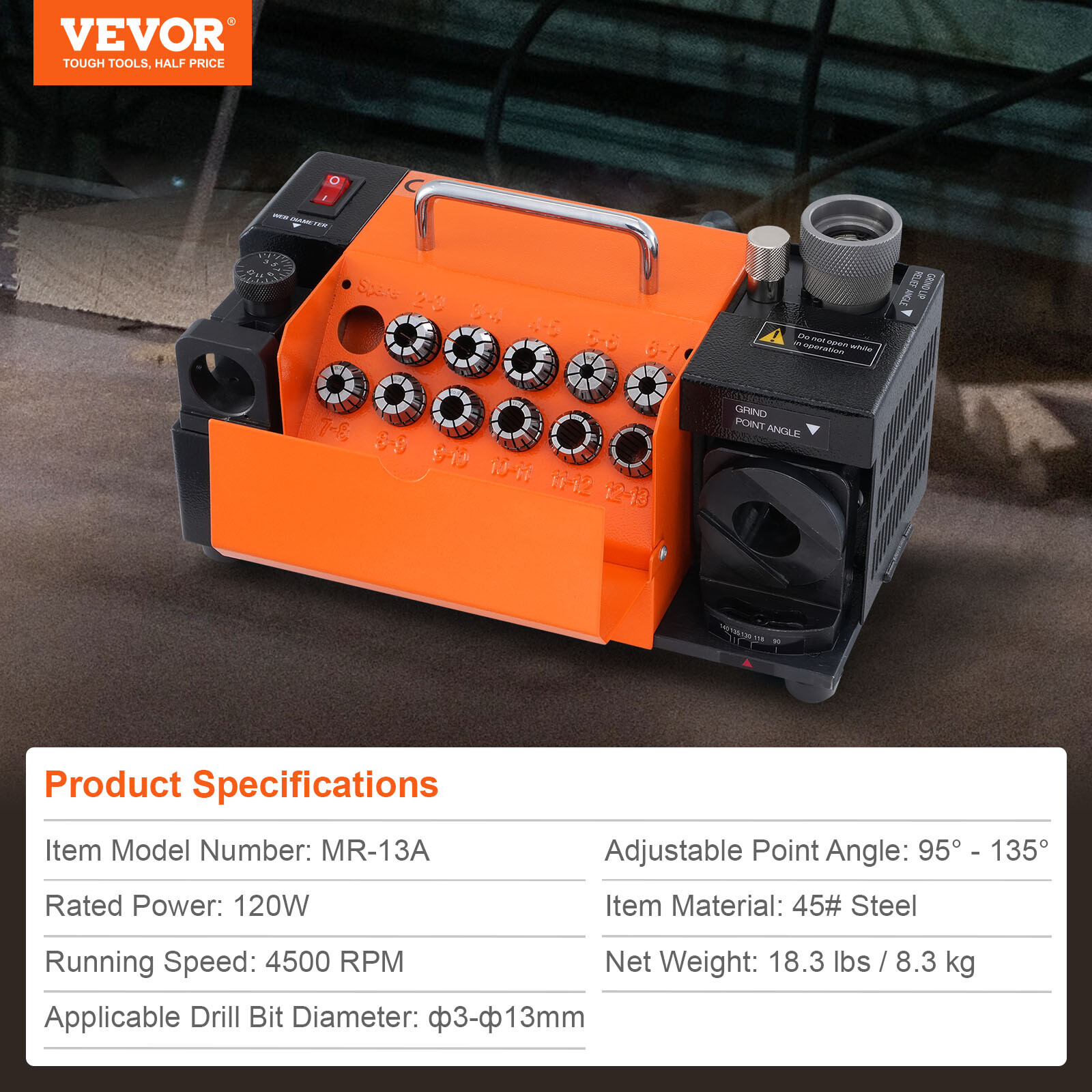 VEVOR MR-13A Drill Bits Sharpener 3-13mm Bits Grinder Sharpener with 11 Collets