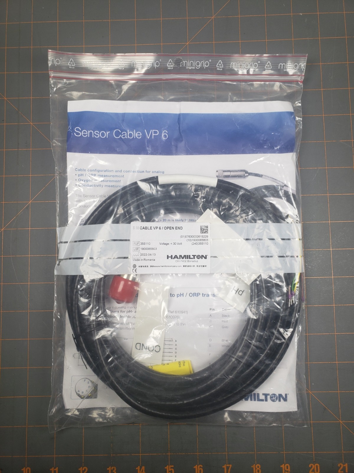 Hamilton 5m Cable VP6 Open End Sensor Cable 355110 for VisiFerm/Variopin