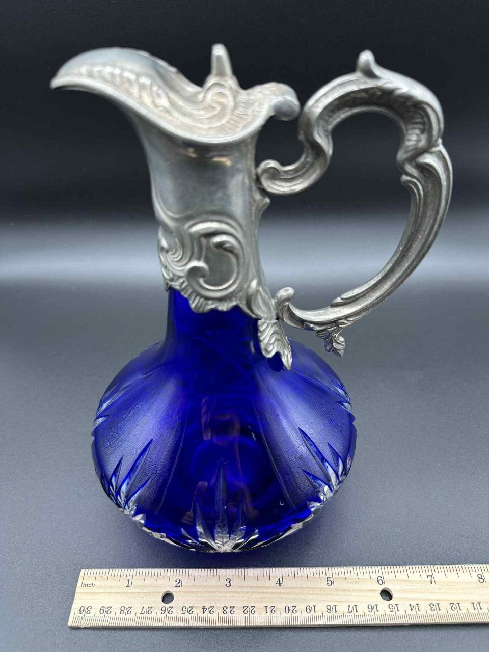 Antique Bohemian Cobalt Cut Glass Pitcher Pewter Mounted Art Nouveau 8.75”