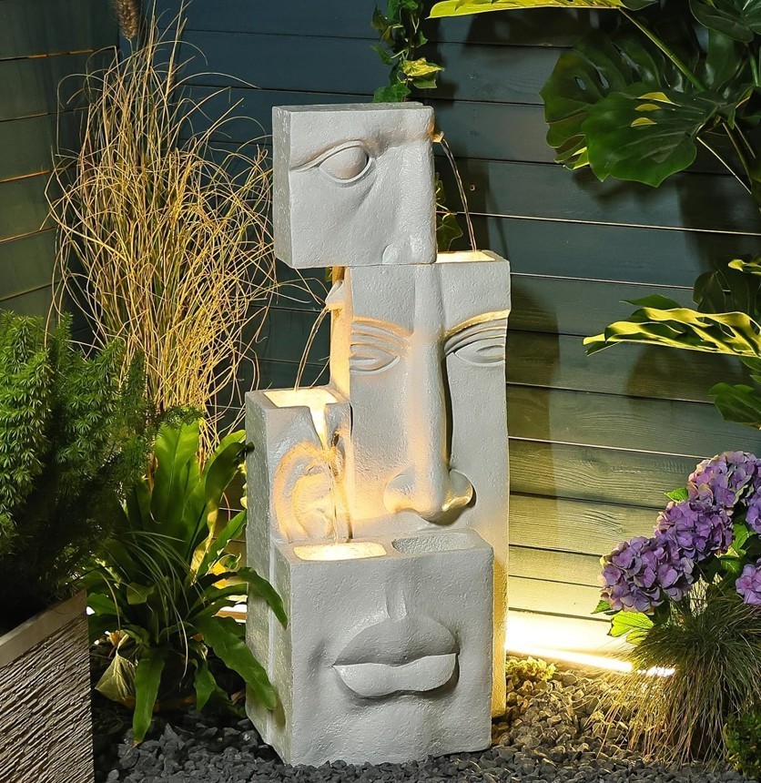 Modern 4 Tire Water Fountain Lighted Contemporary Garden Waterfall Art Sculpture