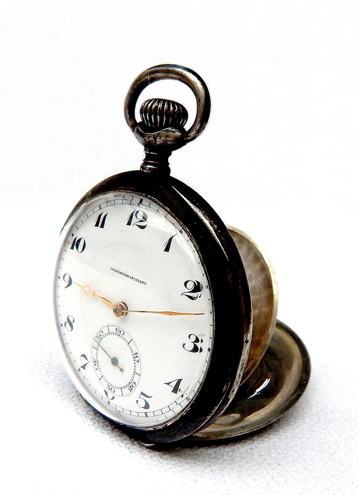 Pocket Watch Cronometro Escasany Dial Porcelain Case Silver 53mm 1910c Working