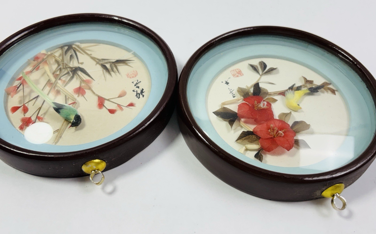 Lot of 2 Vintage Chinoiserie 3D Bird Feather Art Shadow Boxes