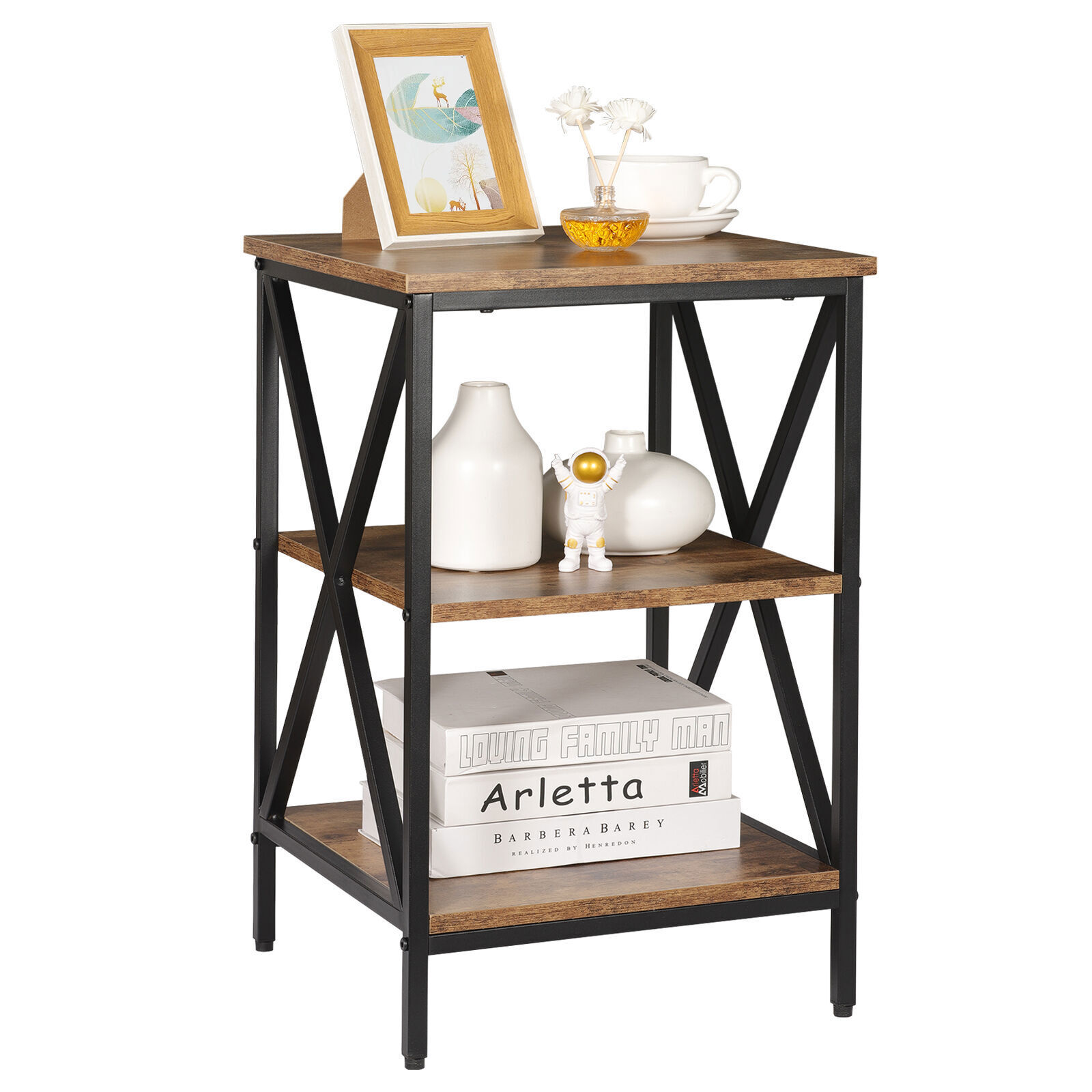 24.4" Side Table Industrial X Shape 3-Tier Small End Table Storage Sheves Brown