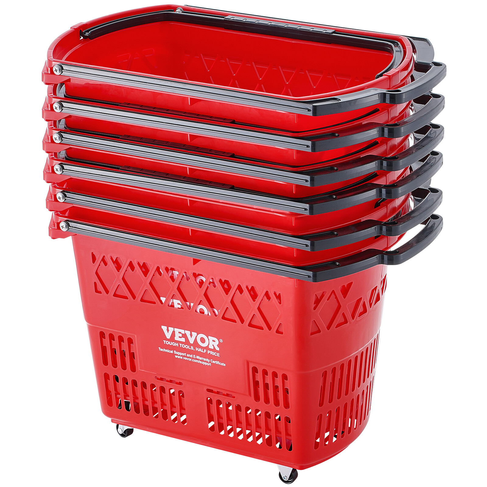 Plastic Rolling Shopping Trolley Basket On Wheels 6PCS 39L with Handle Red
