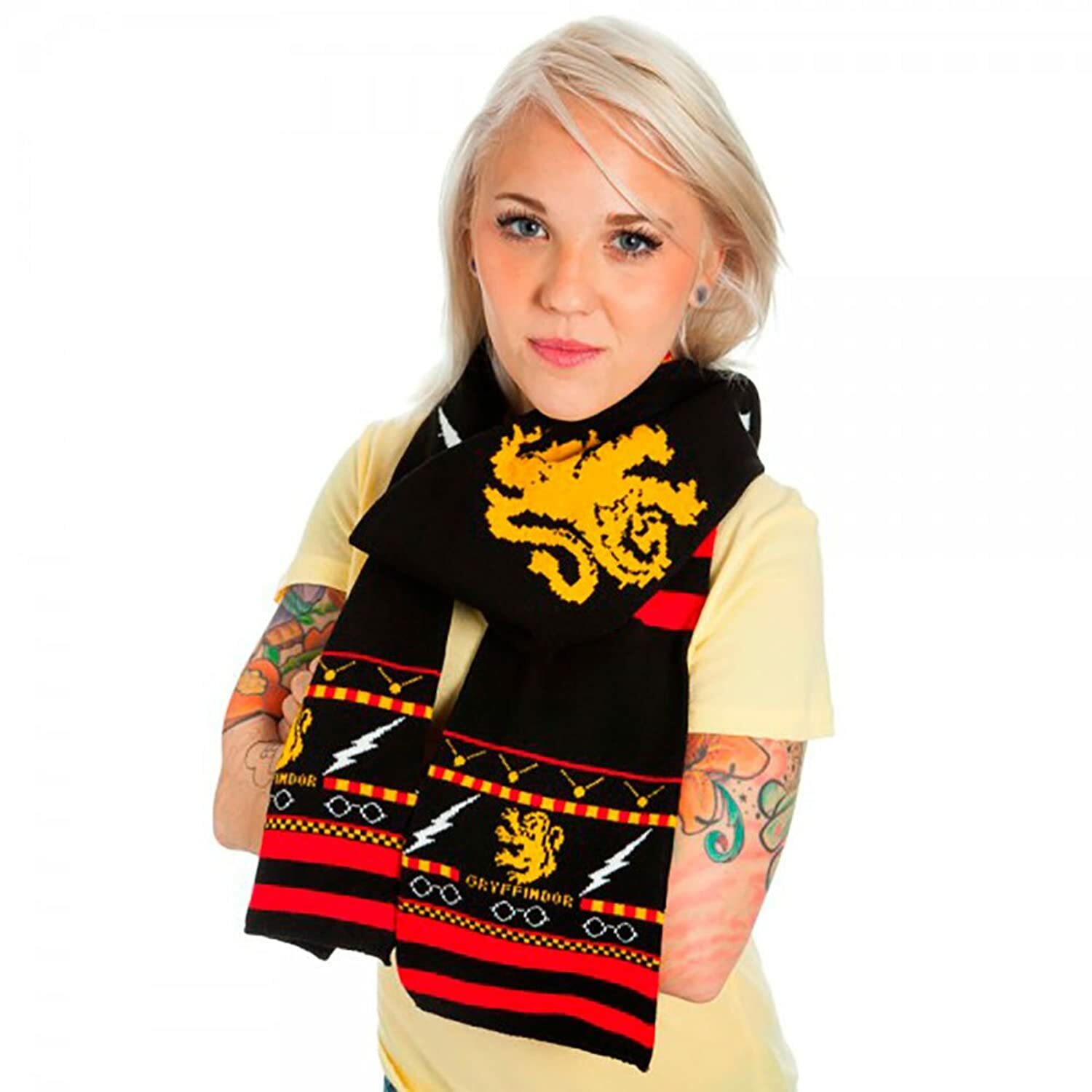 Adult Unisex Harry Potter Gryffindor Symbols Pattern Fair Isle Black Knit Scarf