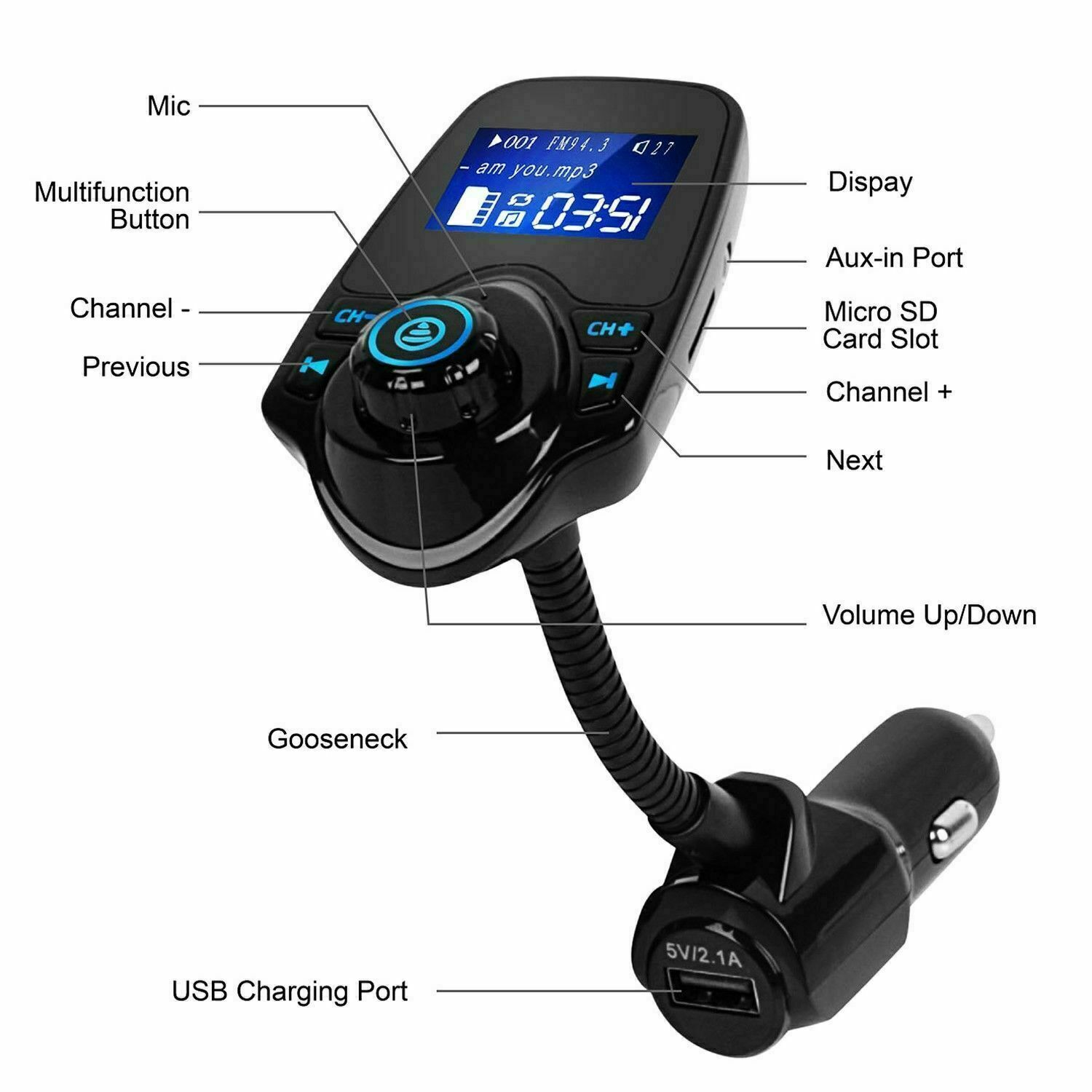 Wireless In-Car Bluetooth FM Transmitter MP3 Radio Adapter Car Kit USB Charger