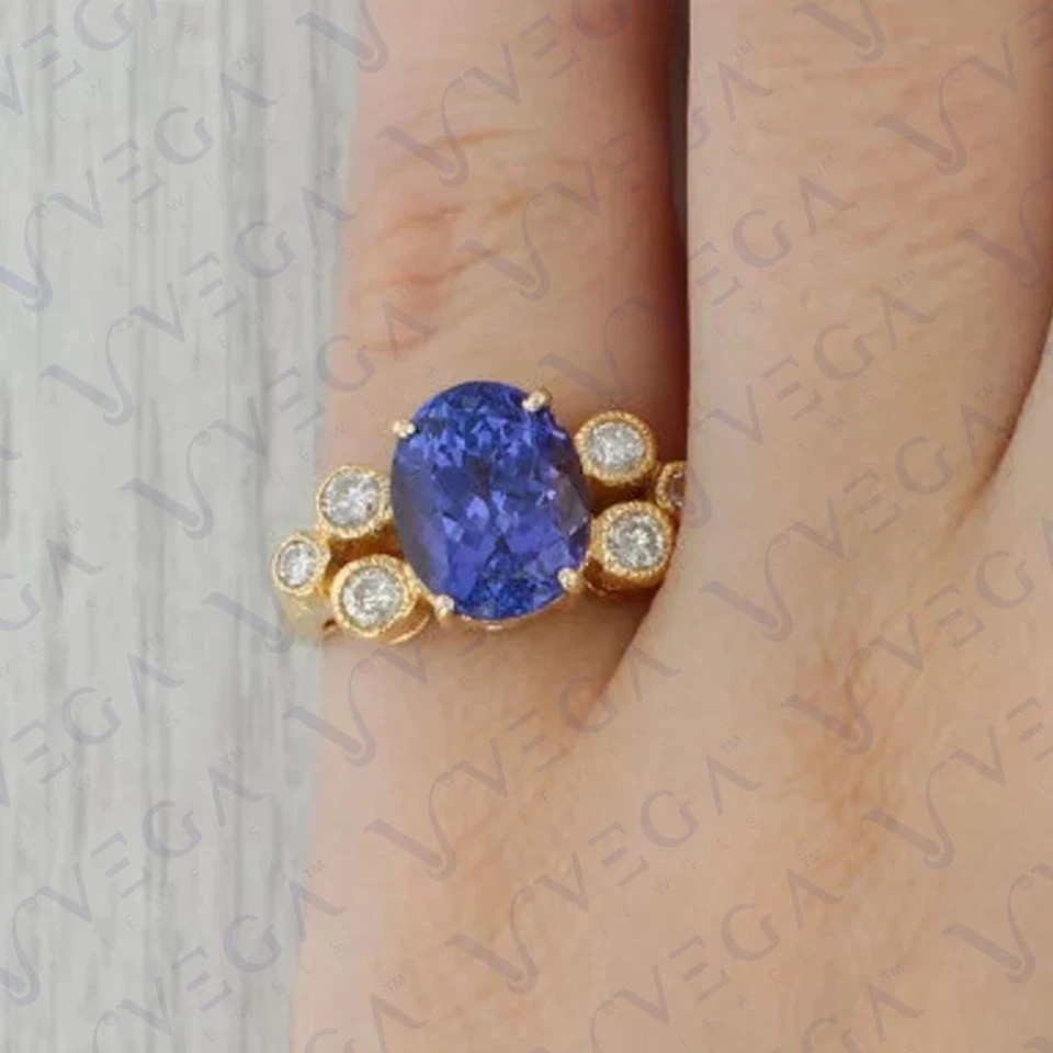 3.11 Ct Oval Cut Tanzanite Diamond Ring Wedding Ring 14K Yellow Gold