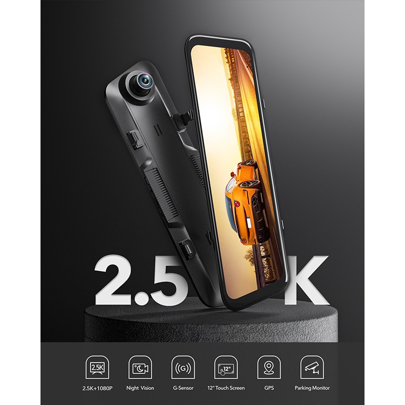 WOLFBOX G840H 12'' Mirror Dash Cam 2.5K+1080P With WiFi, GPS, Loop Recording