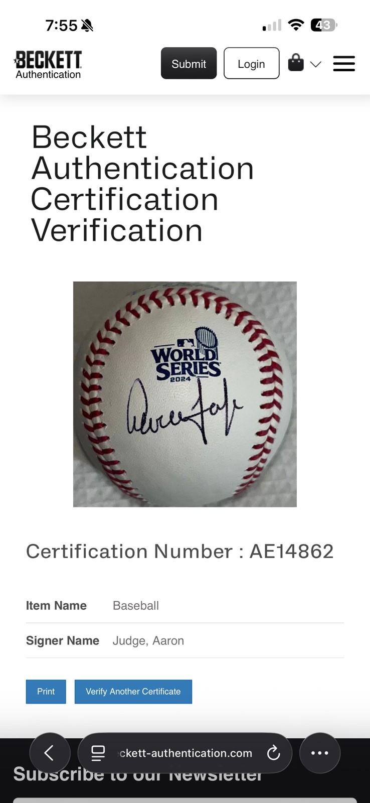 🔥🔥Aaron Judge🔥🔥Signed 2024 World Series Logo Baseball - Beckett #AE14862