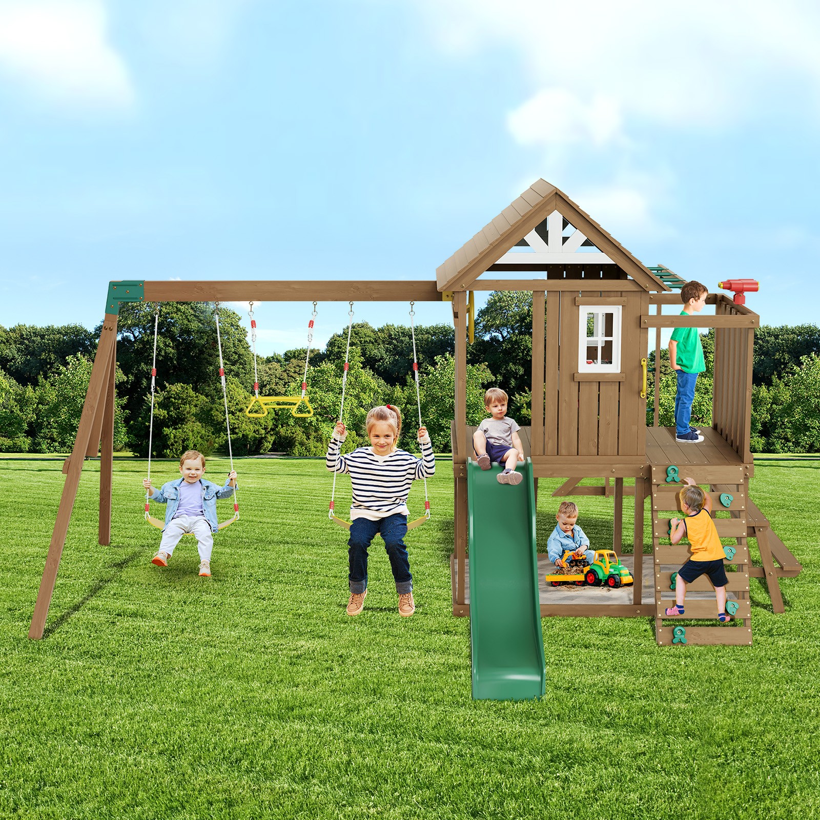 Wooden Swing Set 10 IN 1 Outdoor Playground Sets 6 FT Slide Upper Fort