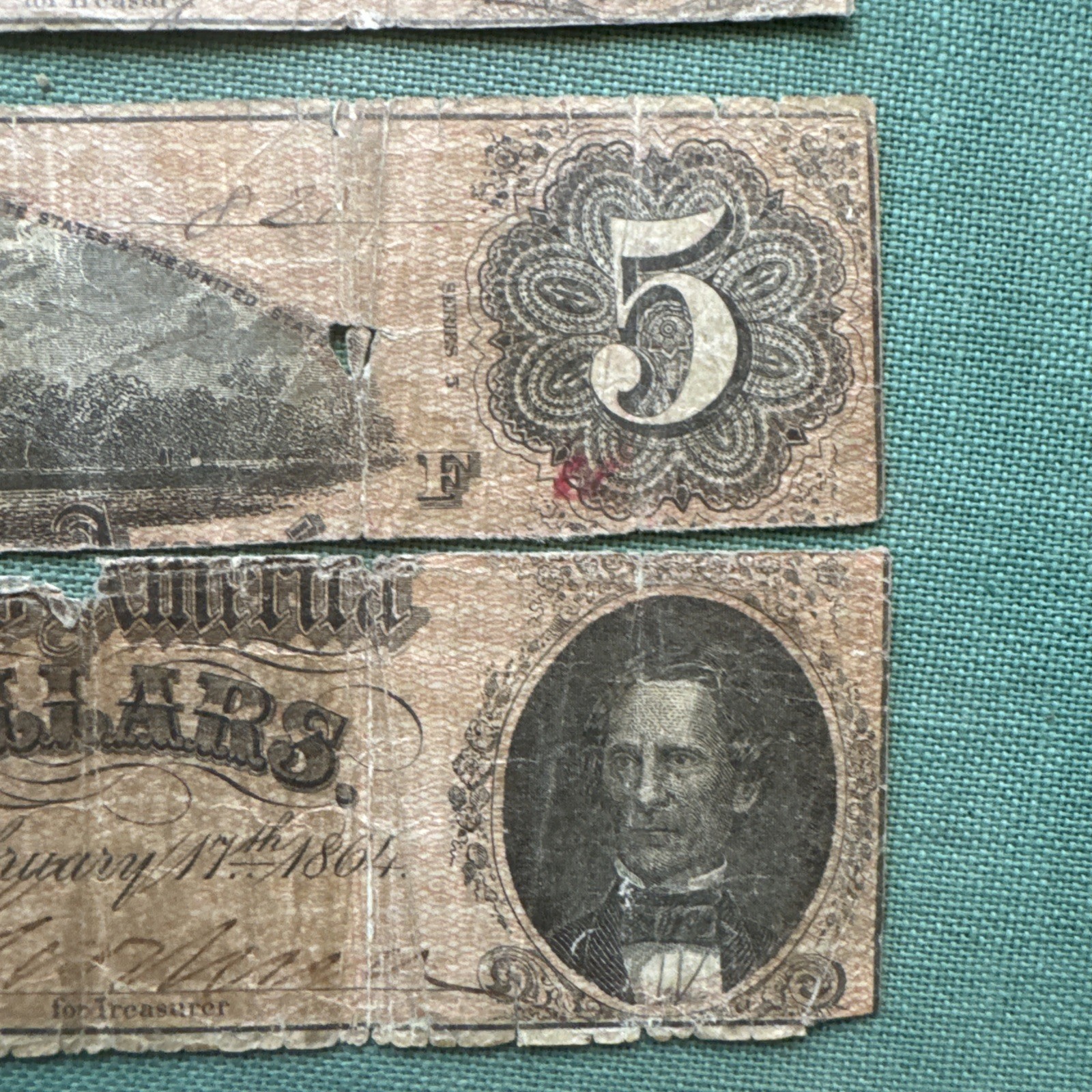 Pair of Poor Confederate States of America $5.00 Notes
