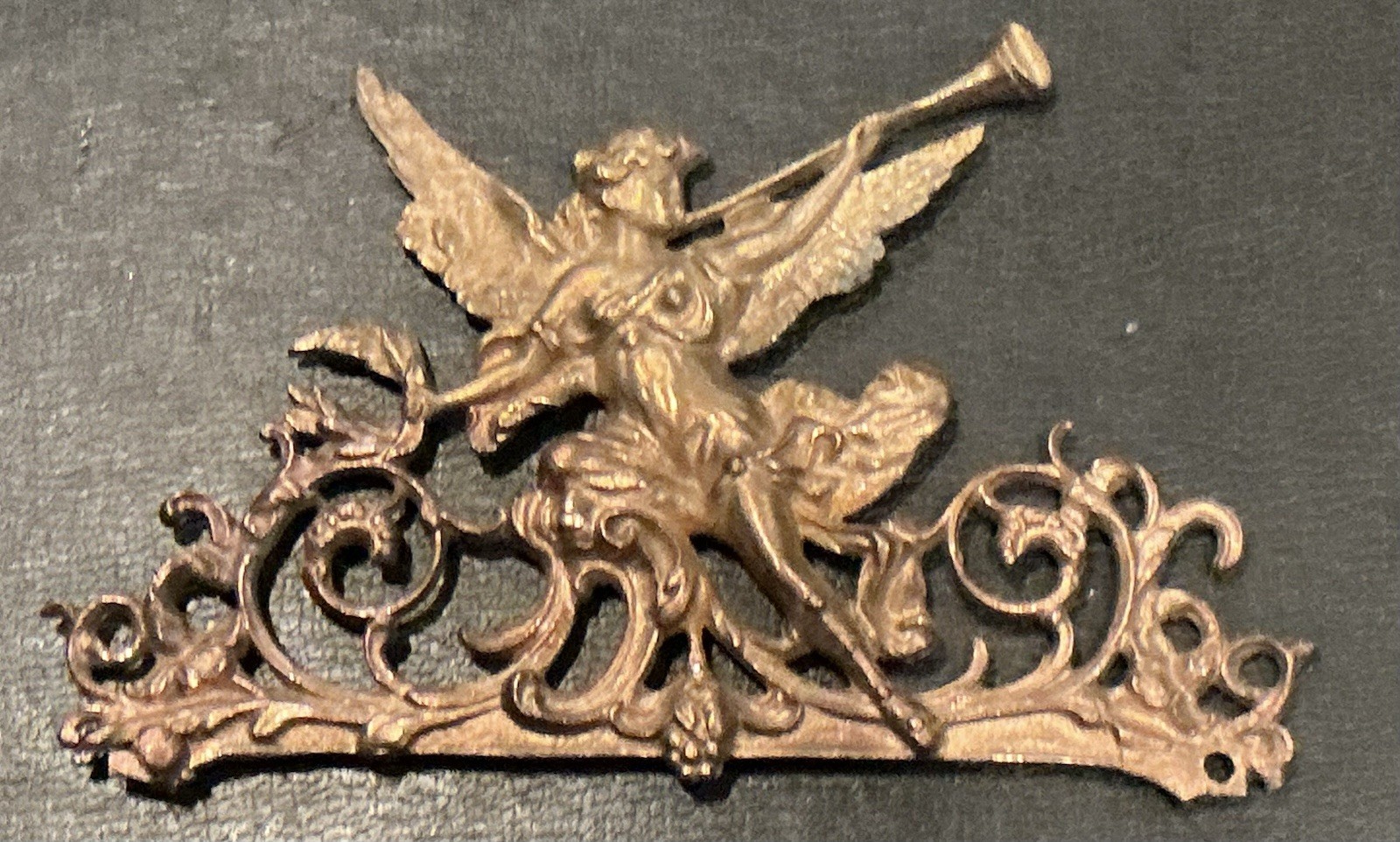 Antique Brass Angel With Trumpet Furniture Mount, Embellishment, Ormolu