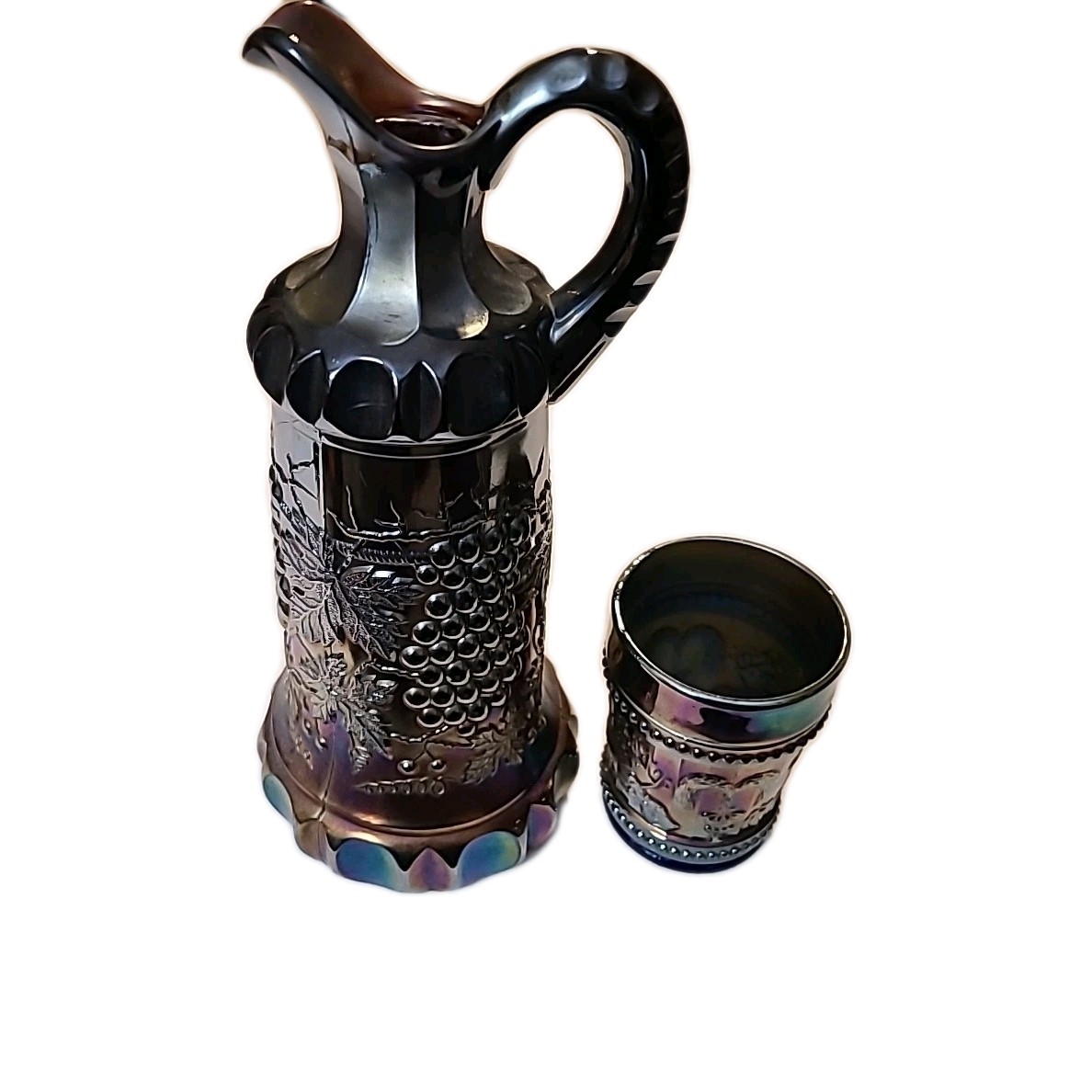 vtgNORTHWOOD CARNIVAL GLASS GRAPE & CABLE WHISKEY DECANTER & SHOT GLASS AMETHYST