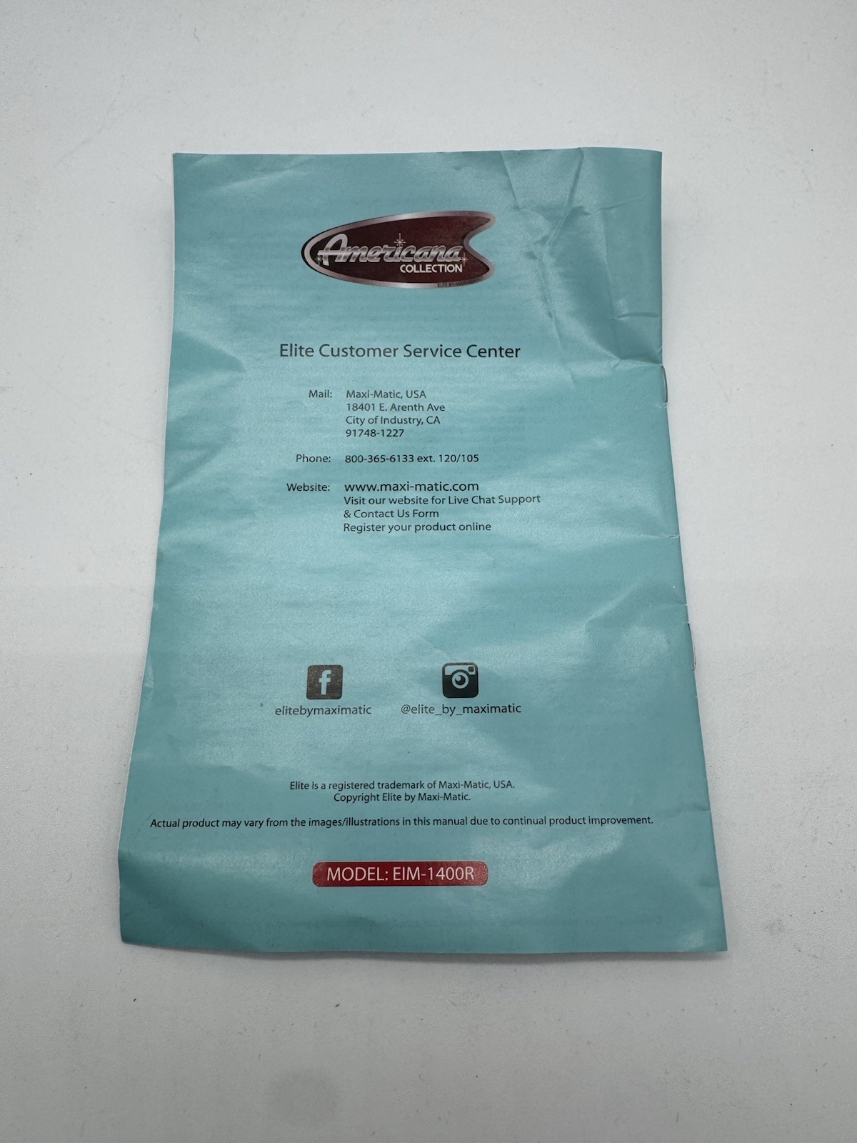 Americana Collection 1.5QT. Capacity Ice Cream Maker EIM-1400R Red w/ Manual