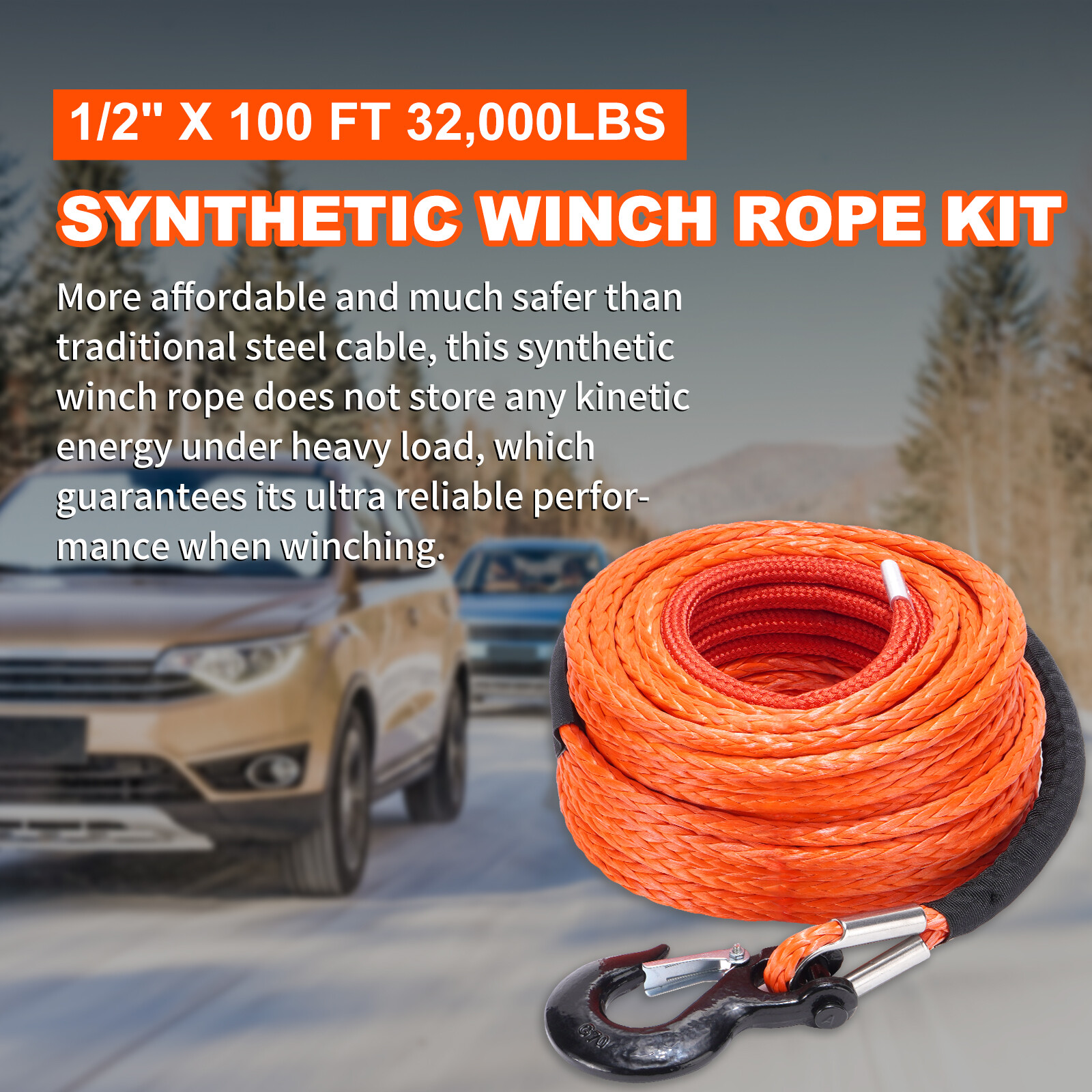1/2"x100ft 32000lbs Synthetic Winch Rope Winch Line Cable Recovery 4WD ATV SUV
