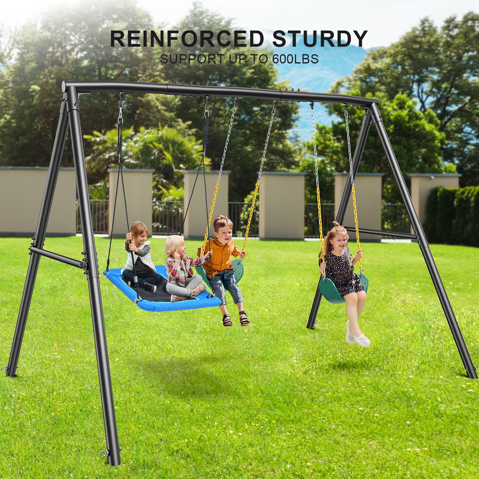 600lb Outdoor Swing Set for Backyard with 3 Swings Heavy Duty Metal Swing Stand