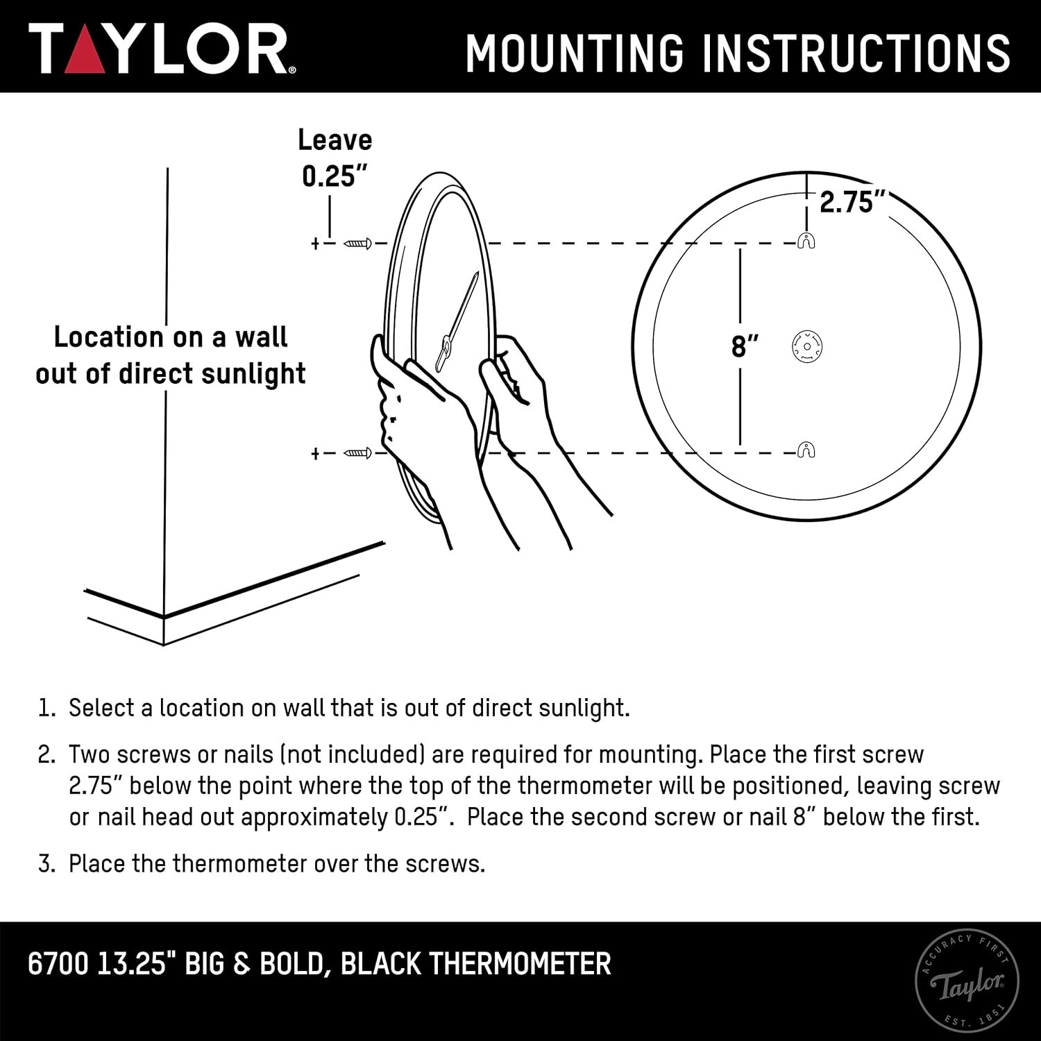 #6700 TAYLOR Large 13.5" EASY TO READ In/Outdoor Black Dial Thermometer F/C NEW!