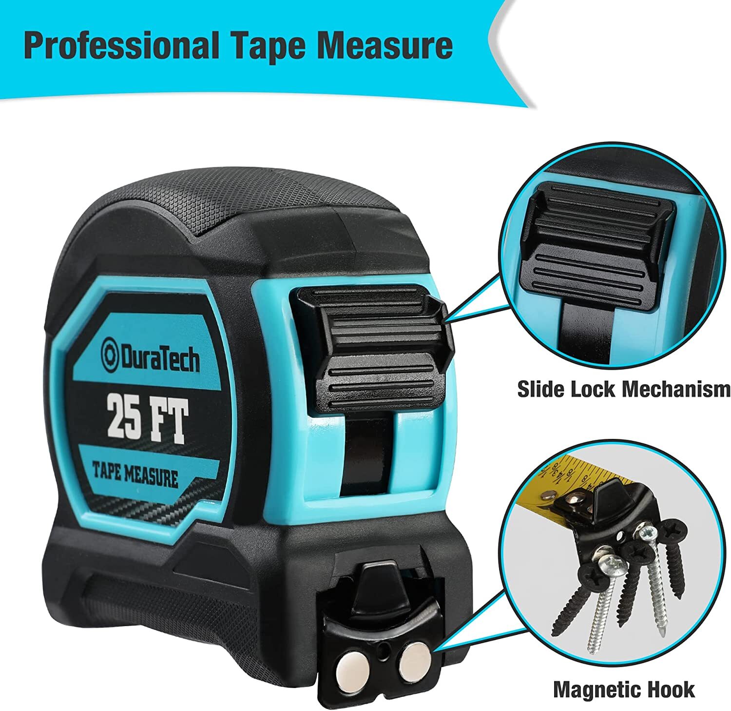 DURATECH 25FT Magnetic Tape Measure, Retractable Measuring Tape w/Fractions