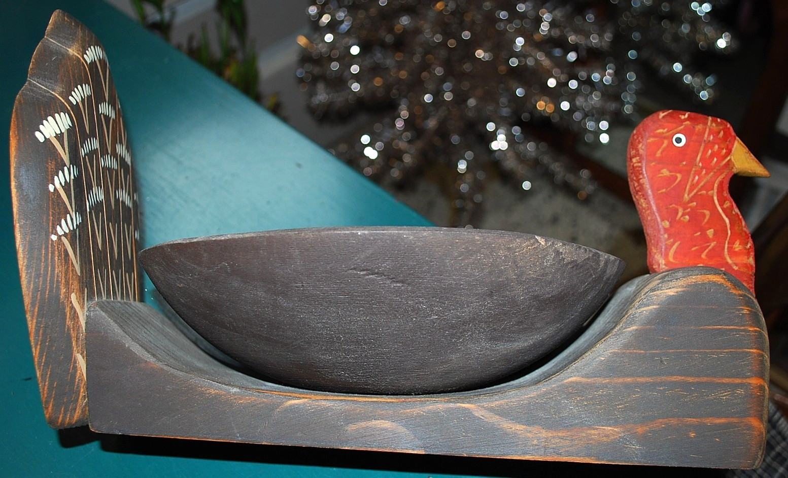 Vtg Hand Carved WOODEN TURKEY BOWL Painted FOLK ART Thanksgiving Centerpiece 14"