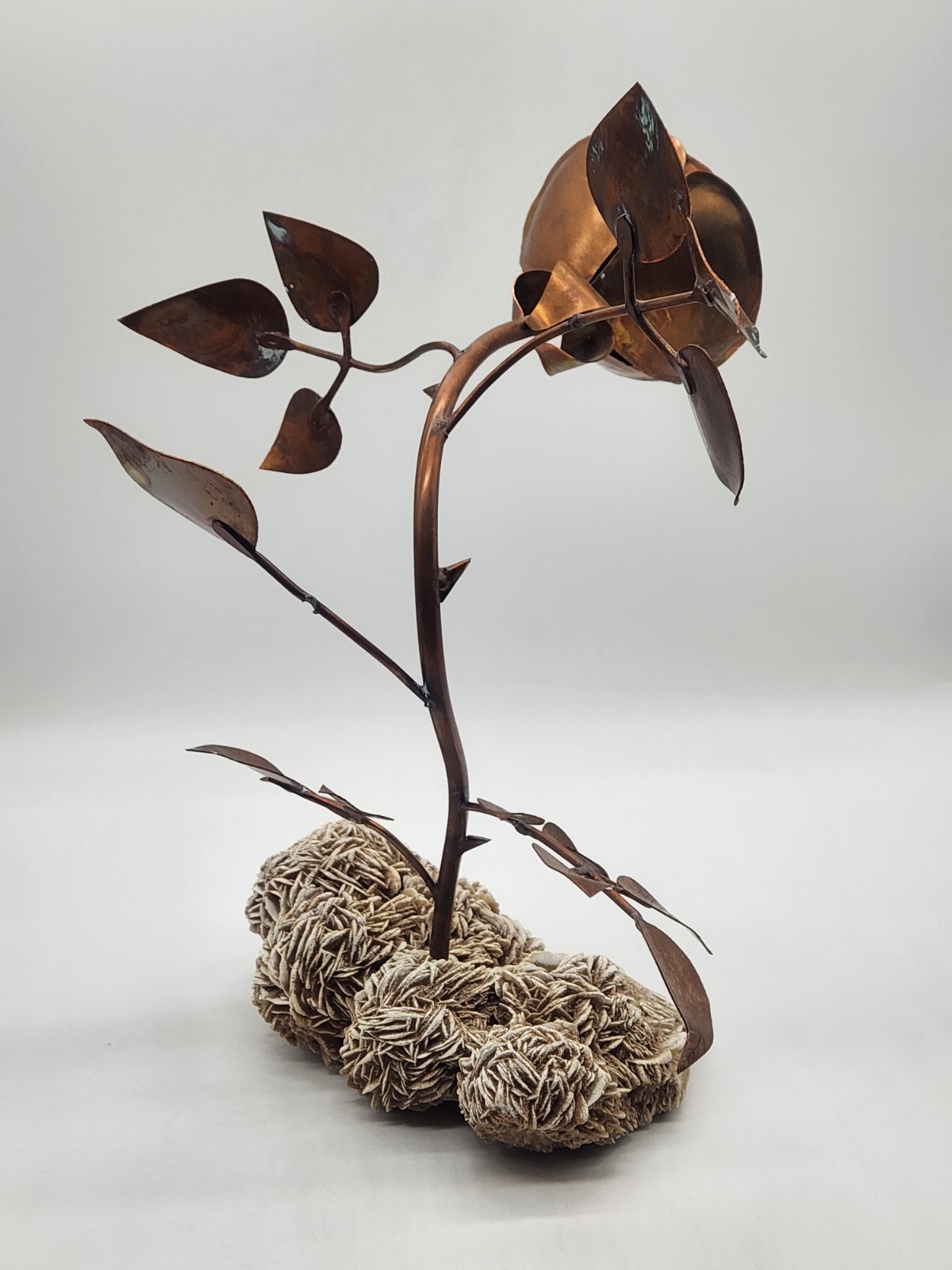 Copper Rose Sculpture w/Desert Sand Rose Crystal ~ 13" H x 10" L x9" W