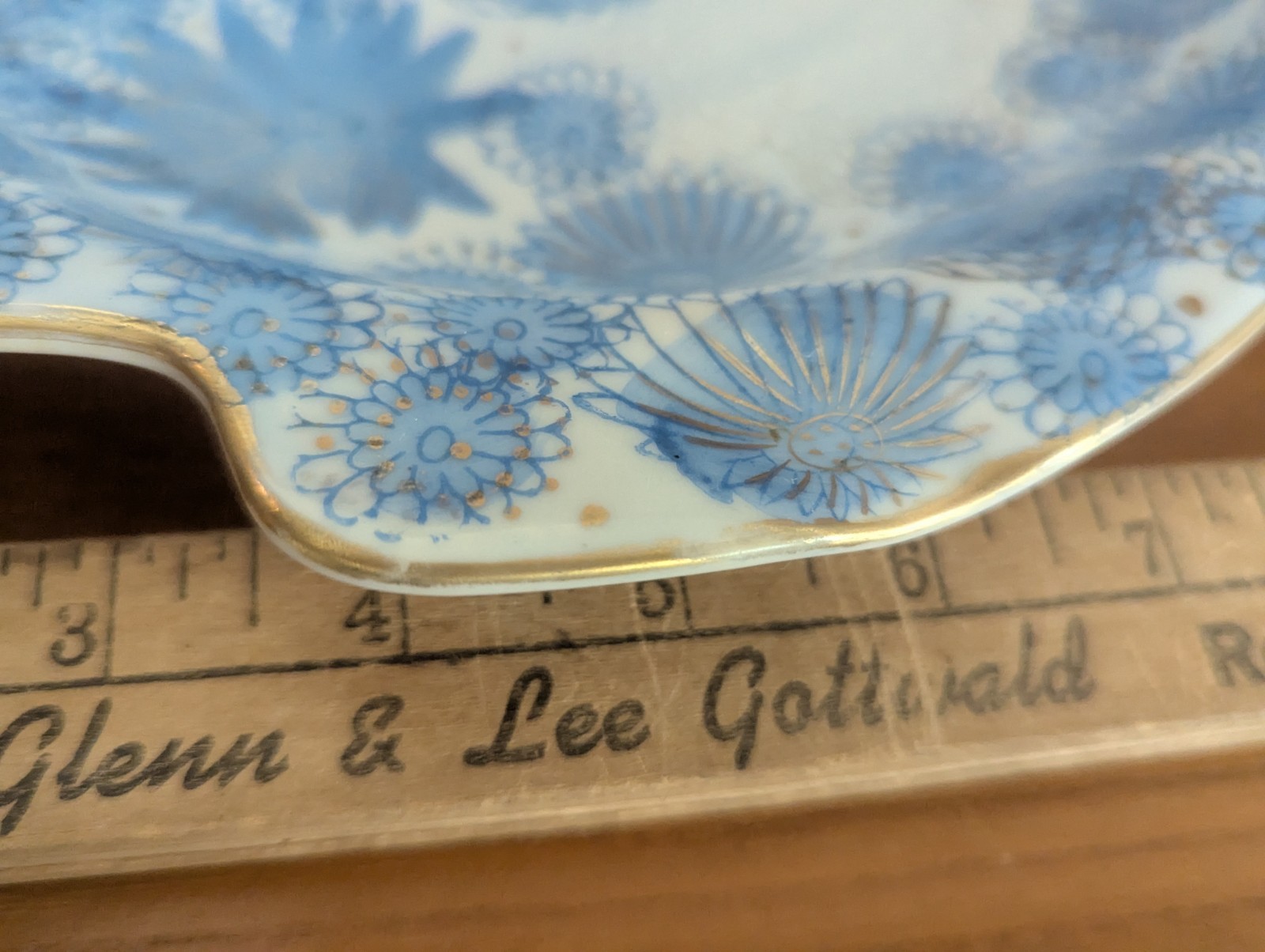 Vtg Kutani Gold Chrysanthemum Flower Japan Blue Trinket Dish Ashtray MCM Art