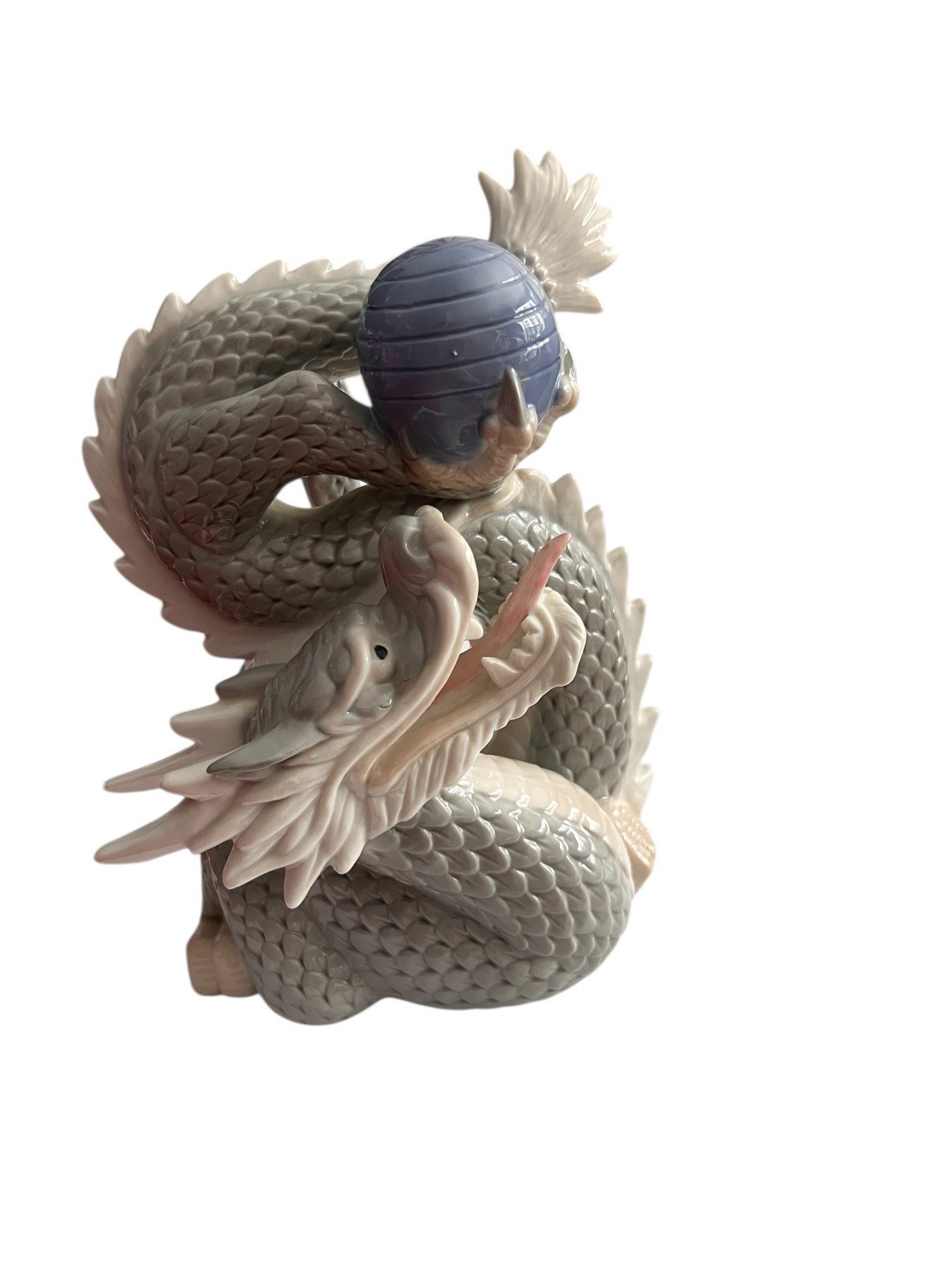 Dragon Yoshimi K Foo Porcelain Figurine w/Ball Japan 8”T 5.5”L Vintage Blue/Gray