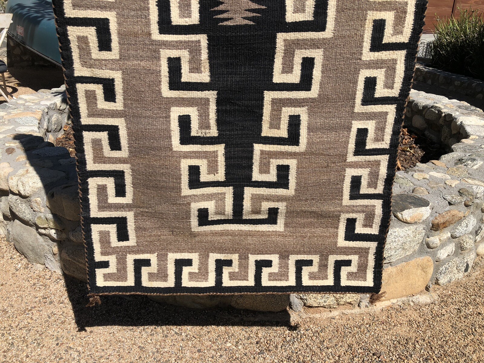ANTIQUE NAVAJO WEAVING RUG NATURAL CHURRO WOOLS AUTHENTIC NATIVE c1930 62”x29”
