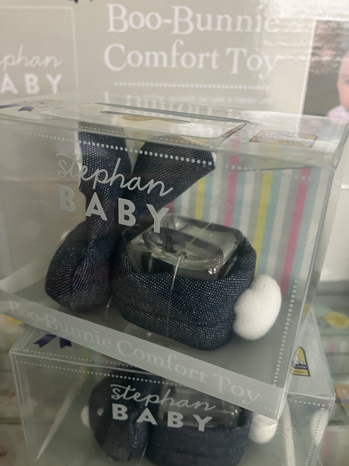 New Stephan Baby Boo-Bunnie Denim Plush Comfort Toy w/ Boo Cube Soothing